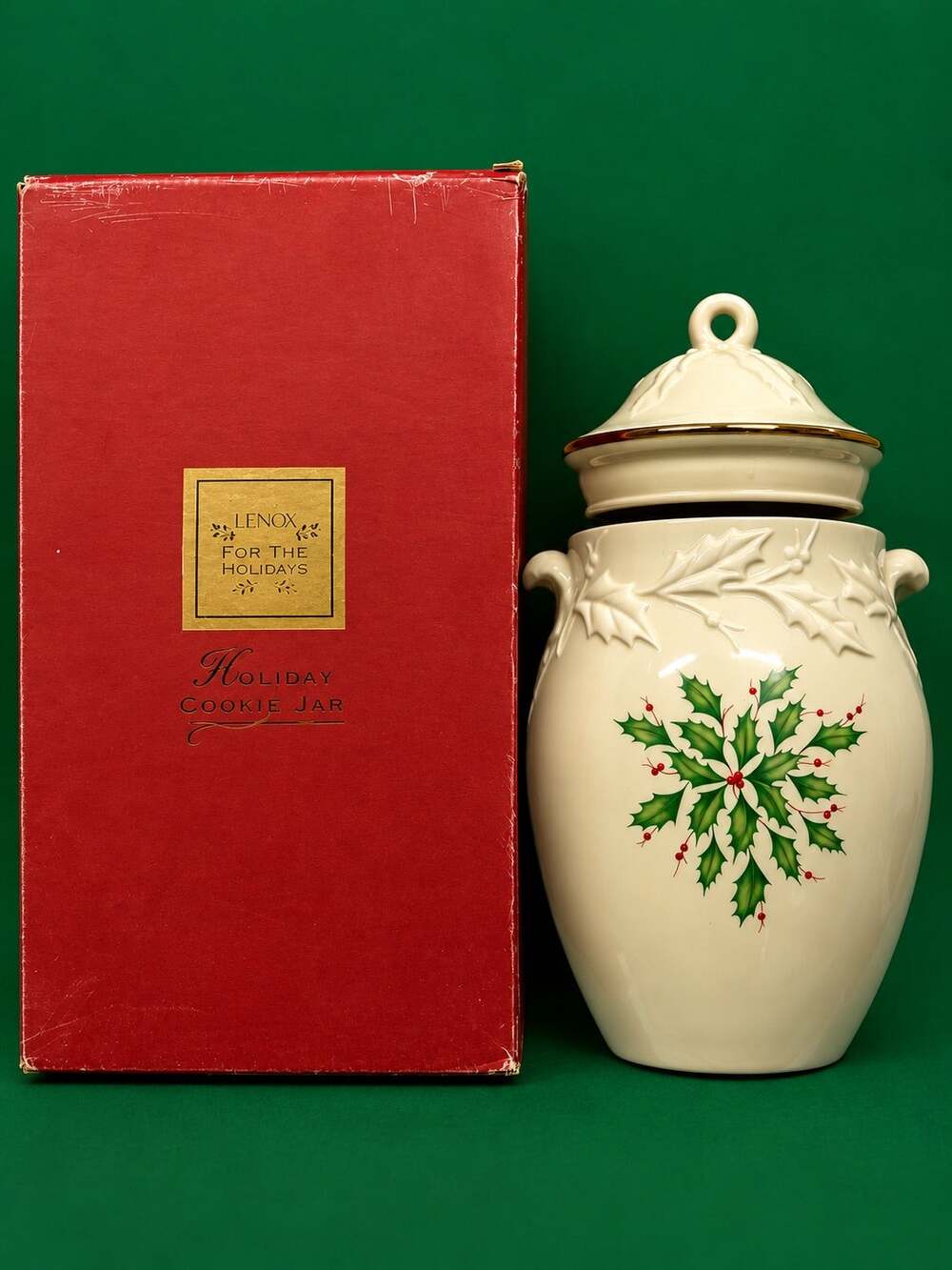 Lenox Holiday Cookie Jar Holly & Berry Christmas Design Original Box